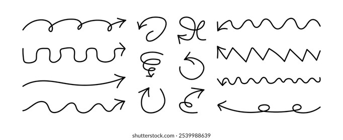 Hand drawn Arrows set with editable stroke. Doodle element on white background.