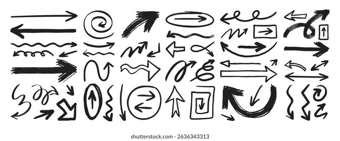 hand drawn arrows set grunge rough, brush stroke curly arrow collection. Vector illustration