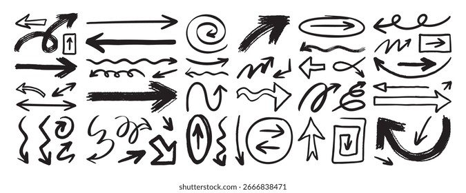setas desenhadas à mão definir grunge áspero, pincel traçado curva coleção de setas. Ilustração vetorial