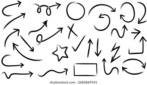 Conjunto de flechas dibujadas a mano diseño de garabatos grunge, estrella de cruz rectangular circular, símbolos de infografía tick correctos, colección de Vector