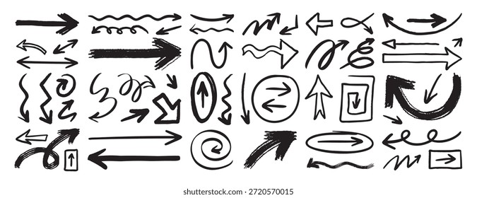 hand drawn arrows set grunge rough, brush stroke curly arrow collection. Vector illustration