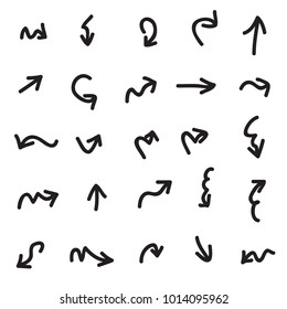 Hand drawn arrows set isolated on white background.Collection of sketch symbols.For web site and page decoration.Creative art,vector illustration