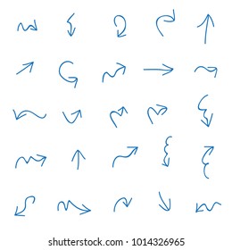 Hand drawn arrows set isolated on white background.Collection of sketch symbols.For web site and page decoration.Creative art,vector illustration