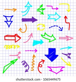 Hand drawn arrows set isolated on the checkered notebook sheet. Vector illustration for business planning, Infographic elements. Doodle sketch icons.