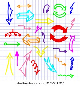 Hand drawn arrows set isolated on the checkered notebook sheet. Vector illustration for business planning, Infographic elements. Doodle sketch icons.