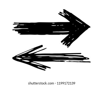 Hand drawn arrows set isolated on a white background. Brush stroke. Grunge texture.