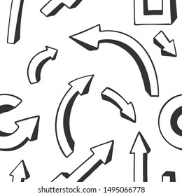 Hand drawn arrows set isolated on white backgound, different directions symbols. Doodle and sketch style, seamless pattern.