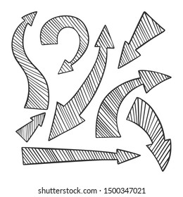 Hand drawn arrows set isolated on white background, different directions symbols. Doodle and sketch style.