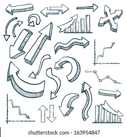 hand drawn arrows set isolated, vector illustration