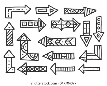 Las flechas dibujadas a mano están aisladas en el fondo blanco. Ilustración vectorial. Elemento para infografías o presentaciones de negocios. Flechas ornamentales