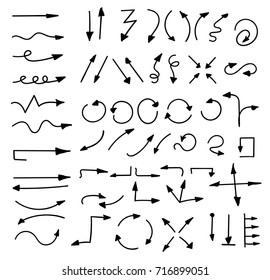 Hand drawn arrows set isolated on white. Sketch arrow set. Different types of driving directions.  Vector illustration for your business and education design. 