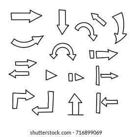 Hand drawn arrows set isolated on white. Sketch arrow set. Vector illustration for your design.