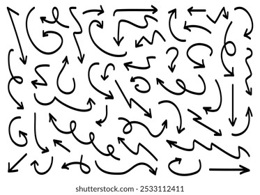 Hand drawn arrows set. Marker drawn arrows. Arrow icon. Arrows doodle. Editable stroke line icons. Vector illustration.