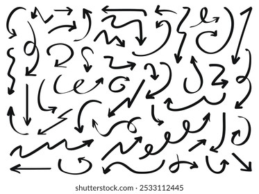 Hand drawn arrows set. Marker drawn arrows. Arrow icon. Arrows doodle. Editable stroke line icons. Vector illustration.