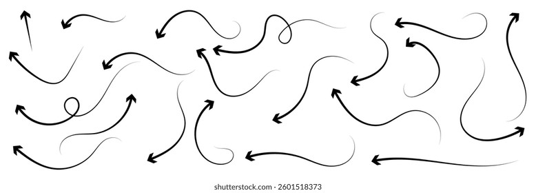 Hand drawn arrows set. Marker drawn arrows. Arrow icon. Arrows doodle. Editable stroke line icons. Vector illustration. 