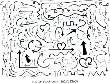 Hand drawn arrows set on Notebook page template with lines vector.