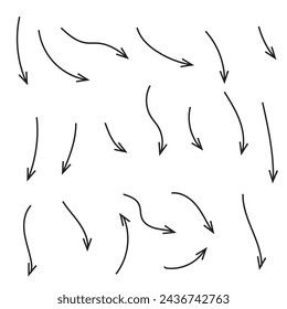 Hand drawn arrows set on white background. Collection of drawing doodle arrrow pointer, vector illustration