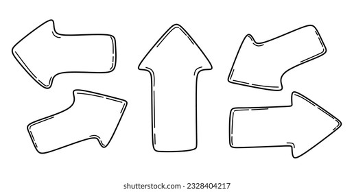 Hand drawn arrows set. Pointer icon collection in doodle style isolated on white background. Abstract different arrow icons in linear style. Graphic elements vector illustration