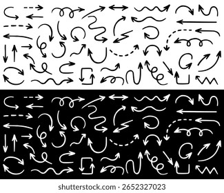 Conjunto de flechas dibujadas a mano. Flechas simples aisladas sobre fondo blanco y negro. Iconos de marca de flecha. Vector de stock de pintura de flechas.