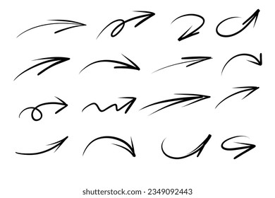 Hand drawn arrows set. Sketch marker brush arrow check mark underline. Vector freehand illustration isolated on white background.