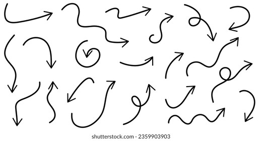 Hand drawn arrows set. Sketch doodle style. Vector illustration isolated on white background