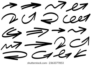Arcos dibujados a mano. Marca de verificación de la flecha de la escobilla del marcador de esbozo. Ilustración vectorial a mano alzada aislada en fondo blanco.