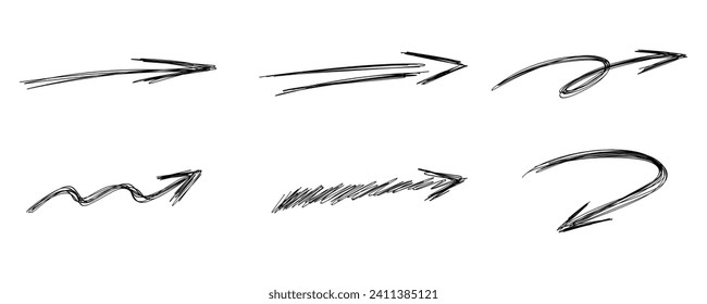 Arcos dibujados a mano. Marca de comprobación de flecha de pincel de marcador de esbozo subrayado. Ilustración de flecha de vectores de mano libre aislada en fondo blanco.
