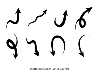 Hand drawn arrows set. Sketch marker brush arrow check mark underline. Stock Vector freehand illustration isolated on white background.