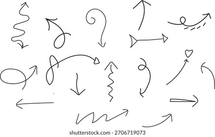 hand drawn arrows set. Straight, Curved, Zigzag, and Loop Arrows	