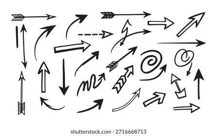 Las flechas dibujadas a mano establecen varios estilos de doodle punteros diferentes direcciones líneas de boceto rizadas rectas