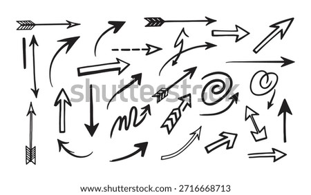 Hand drawn arrows set various doodle styles pointers different directions sketch lines curly straight