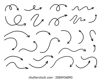 Hand drawn arrows set. Vector line doodles isolated on white.