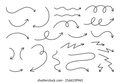 Hand drawn arrows set. Vector line doodles isolated on white background.