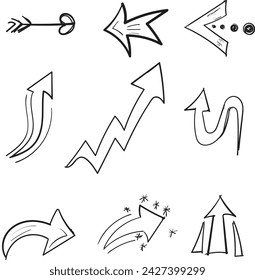 Hand drawn arrows. Set of hand drawn arrows. Vector illustration. Set of hand drawn arrows.