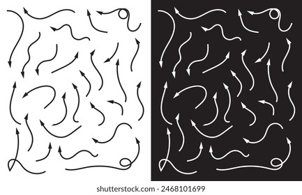 Hand drawn arrows set. Vector doodle icon.  isolated on white and black background. Vector illustration . EPS 10 