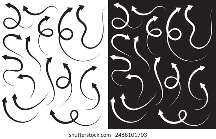 Hand drawn arrows set. Vector doodle icon.  isolated on white and black background. Vector illustration . EPS 10 
