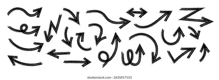 Setas desenhadas à mão Definir coleção de vetores, Pincel de seta Grunge desenhado, rabiscos esboçados símbolos de doodle ilustração de design de elemento decorativo
