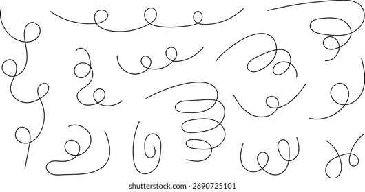 Hand drawn arrows set vector illustration isolated on white background. Hand drawn freehand different curved lines, swirls arrows. Curved arrow line. Doodle, sketch style.