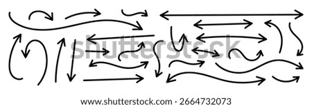 Hand drawn arrows set vector with editable stroke. Doodle sketch wavy and curved arrows and annotations for infographic and presentation design.