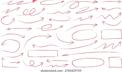 Coleção de setas desenhadas à mão e formas em vermelho sobre fundo branco para elementos de design