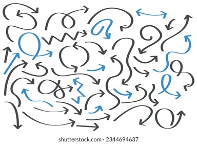Hand drawn arrows and sketch doodle style curved arrows collection flat vector illustration.