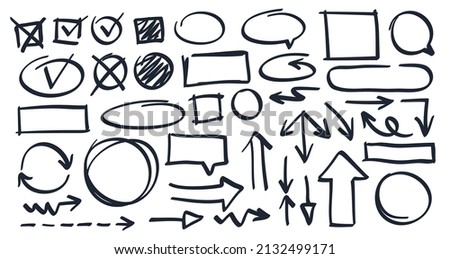 Hand drawn arrows, sketch shapes, lines, circles. Scribble sheck and cross marks, doodle speech bubbles, arrow doodles vector set