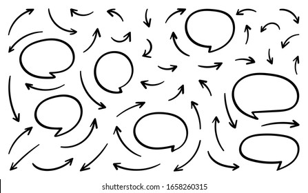 Hand drawn Arrows and speech bubbles Vector Set.