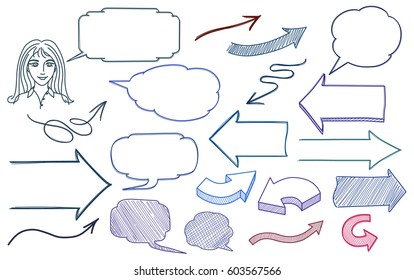 Hand drawn arrows and speech bubbles illustration set