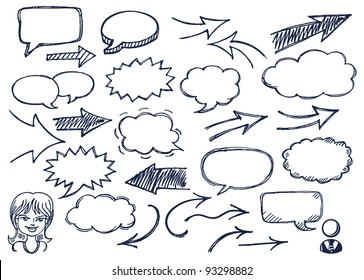 Hand drawn arrows and speech bubbles illustration set