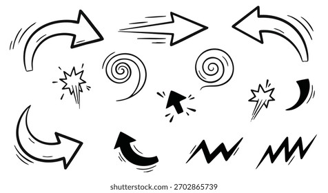 Setas desenhadas à mão espirais relâmpagos e starbursts vetor esboçar elementos preto e branco contorno rabiscar estilo.