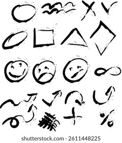 Hand drawn, arrows, strokes, scribbles, crossed out lines. Line art emoticons in marker style, vector graphics