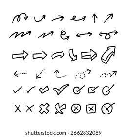 Hand drawn arrows and symbols for direction, check mark, and cancel icons. Doodle style black outline for UI and vector illustration design.