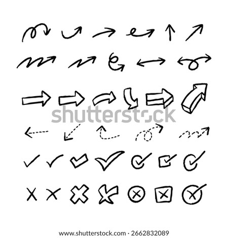 Hand drawn arrows and symbols for direction, check mark, and cancel icons. Doodle style black outline for UI and vector illustration design.