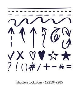 Hand drawn arrows and text elements. 
Highlighter markers. Vector flat style illustration
